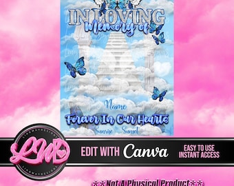 Blue Baby Blue Butterflies In Loving Memory Forever In Our Hearts Angel PNG add words photo rest in peace template for funeral RIP Memorial