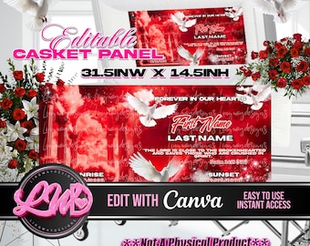 Red Heaven Celebration of Life Editable Casket Panel Template | Canva Pro | Funeral Memorial Design Rest In Peace RIP Forever In Our Hearts
