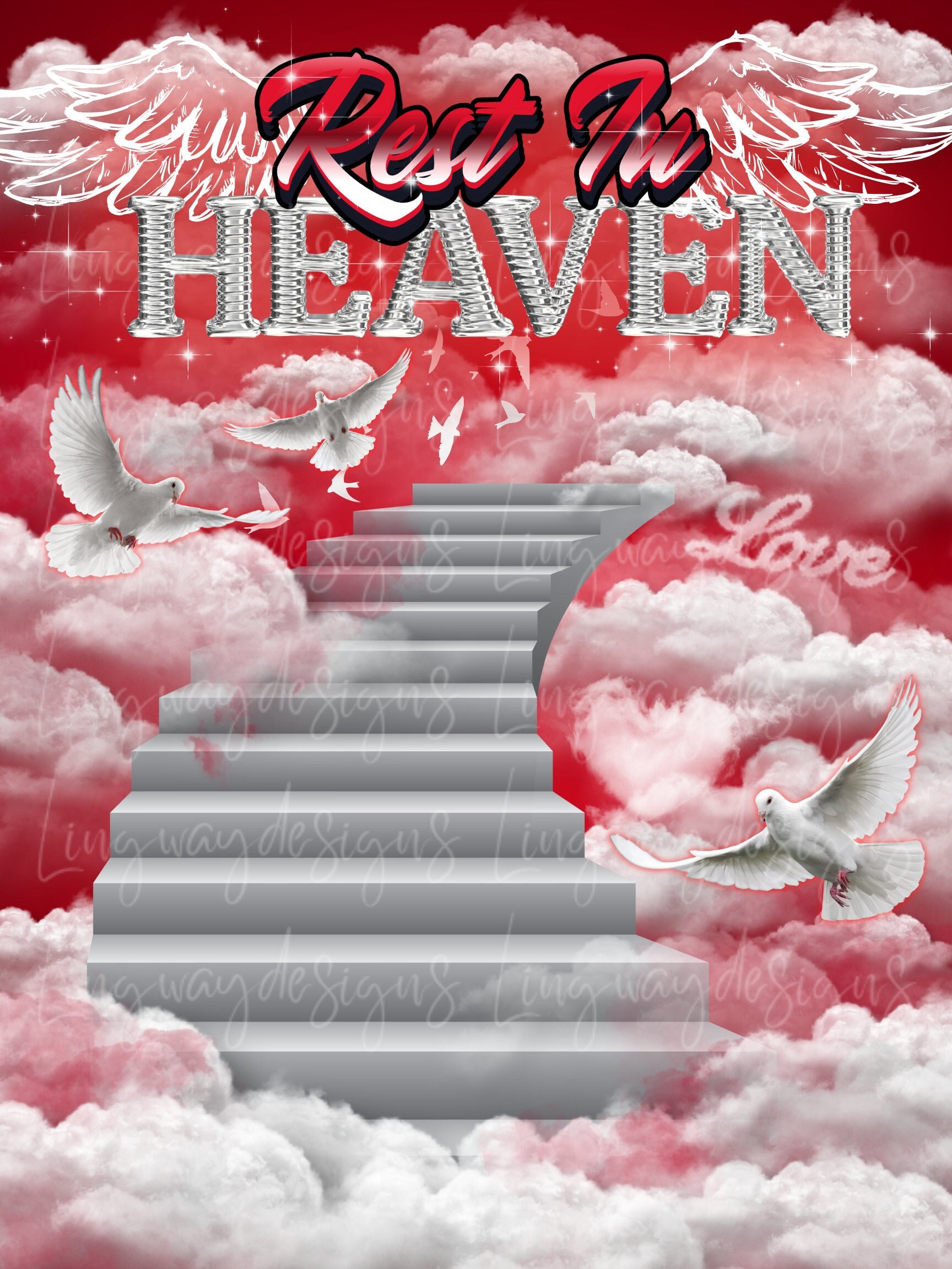 In Loving Memory PNG, Memorial Background Template Stairs to Heaven, Rest  in Peace, Cloudy Sky, 04 Designs Included for Instant Download