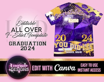 Purple Gold You Did It Class of 2024 Graduation All Over 3D Editable Template ADD Name Photos Mascot Grad T-shirt