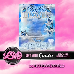 Escaleras de descanso en el cielo, mariposas, ángel que te extraña, PNG, plantilla de descanso en paz para funeral, memorial RIP