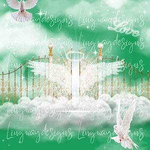 Green Heavens Gate Angel Memorial PNG add photo rest in peace template for funeral RIP memorial