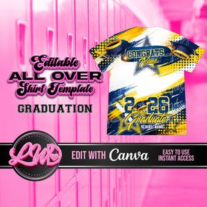 Navy Blue Yellow Class of 2026 Graduation All Over 3D Editable Template ADD Name Photos Mascot Grad T-shirt