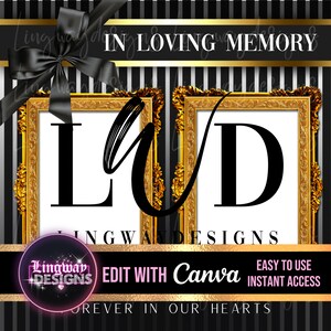 Black White Gold Frames In Loving Memory Backdrop Banner floor decal sticker PNG add photo editable template for funeral RIP
