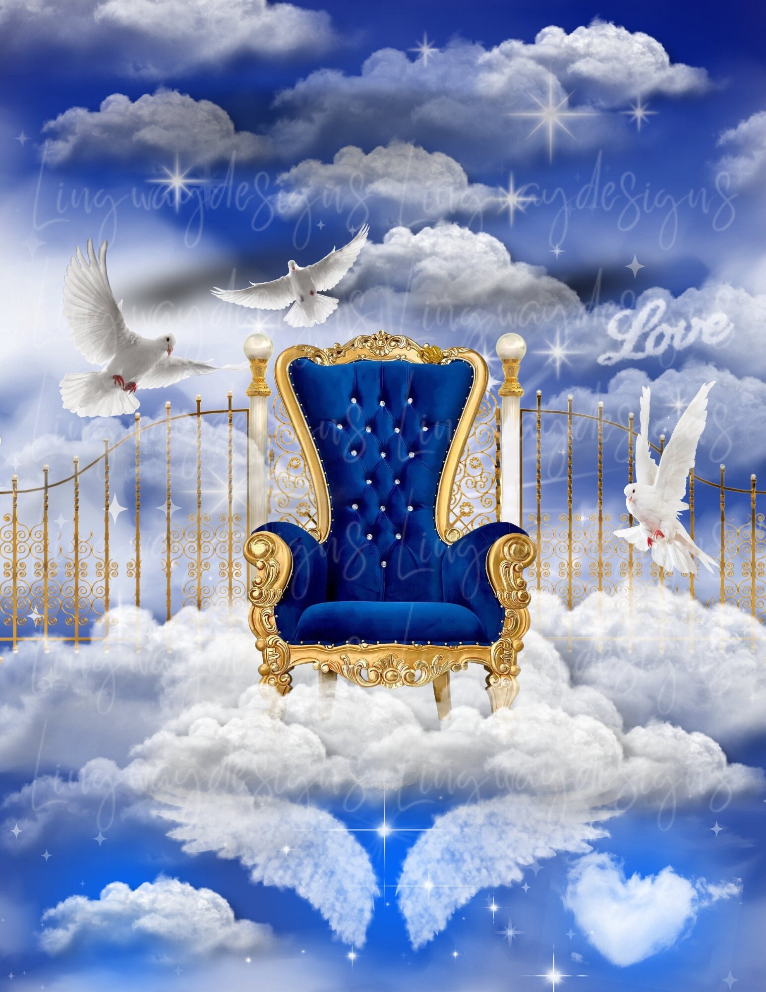 Blue Gold Chair Heavens Gate Forever In Our Hearts Angel Wings Memorial PNG add photo rest in peace template for funeral RIP Memorial