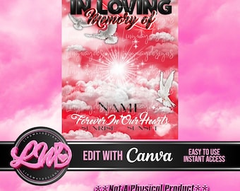 Red Black Heaven Sky Angel Wings Memorial PNG add photo rest in peace canva template for funeral RIP
