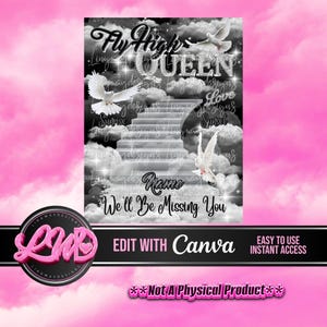 Black Grey Silver Fly High Queen Heaven Angel Memorial PNG add photo rest in peace template for funeral RIP Memorial
