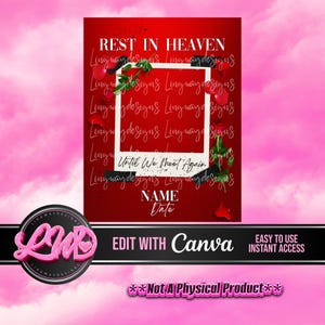 Red Polaroid Picture Forever In Our Hearts Editable Canva Only Template PNG add photo rest in heaven peace for funeral RIP memorial