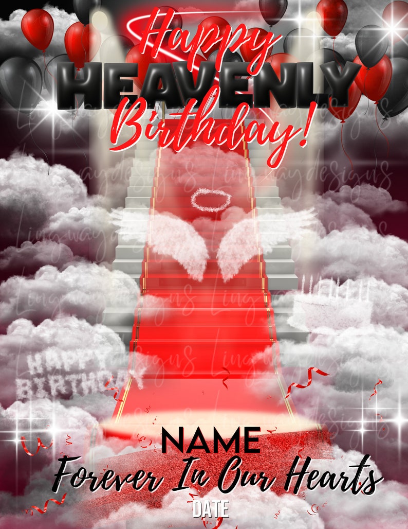 Red Black Happy Heavenly Birthday Forever in Our Hearts Angel Etsy