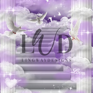 Purple Heaven Stairway Background In Loving Memory Angel Wings Memorial PNG add photo rest in peace template for funeral RIP Memorial