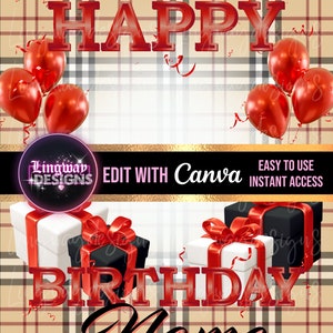 Tan Red Black Plaid Happy Birthday Background presents Balloons PNG add photo template celebration party