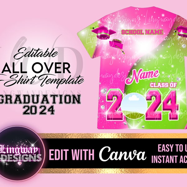 Fuchsia Pink Lime Green Class of 2024 Graduation All Over 3D Editable Template ADD Name Photos Mascot Grad T-shirt