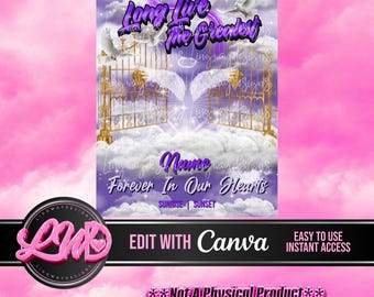 Purple Sky Gold Heavens Gate Long Live The Greatest Angel Wings Memorial PNG add photo rest in peace template for funeral RIP memorial