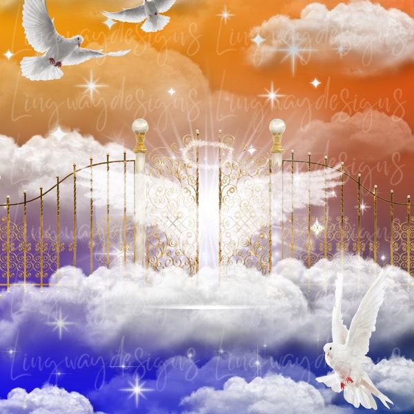 Orange Blue Heavens Gate Background Instant Download Forever In Our Hearts PNG add words photo rest in peace for funeral RIP Memorial