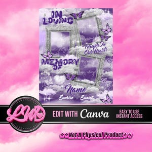Purple Sky Silver Frames In Loving Memory Butterflies Forever In Our Hearts Heaven PNG add photo rest in peace template for funeral RIP