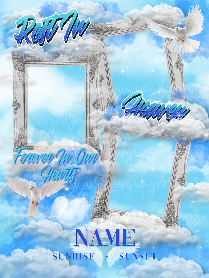 Sky Blue Sky Silver Frames Rest in Heaven Doves Angel Wings Memorial ...