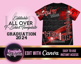 Red Black Senior Class of 2024 Graduation All Over 3D Editable Template ADD Name Photos Mascot Grad T-shirt