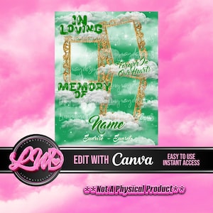 Green Sky Gold Frames In Loving Memory Doves Angel Wings Memorial PNG add photo rest in peace template for funeral RIP memorial