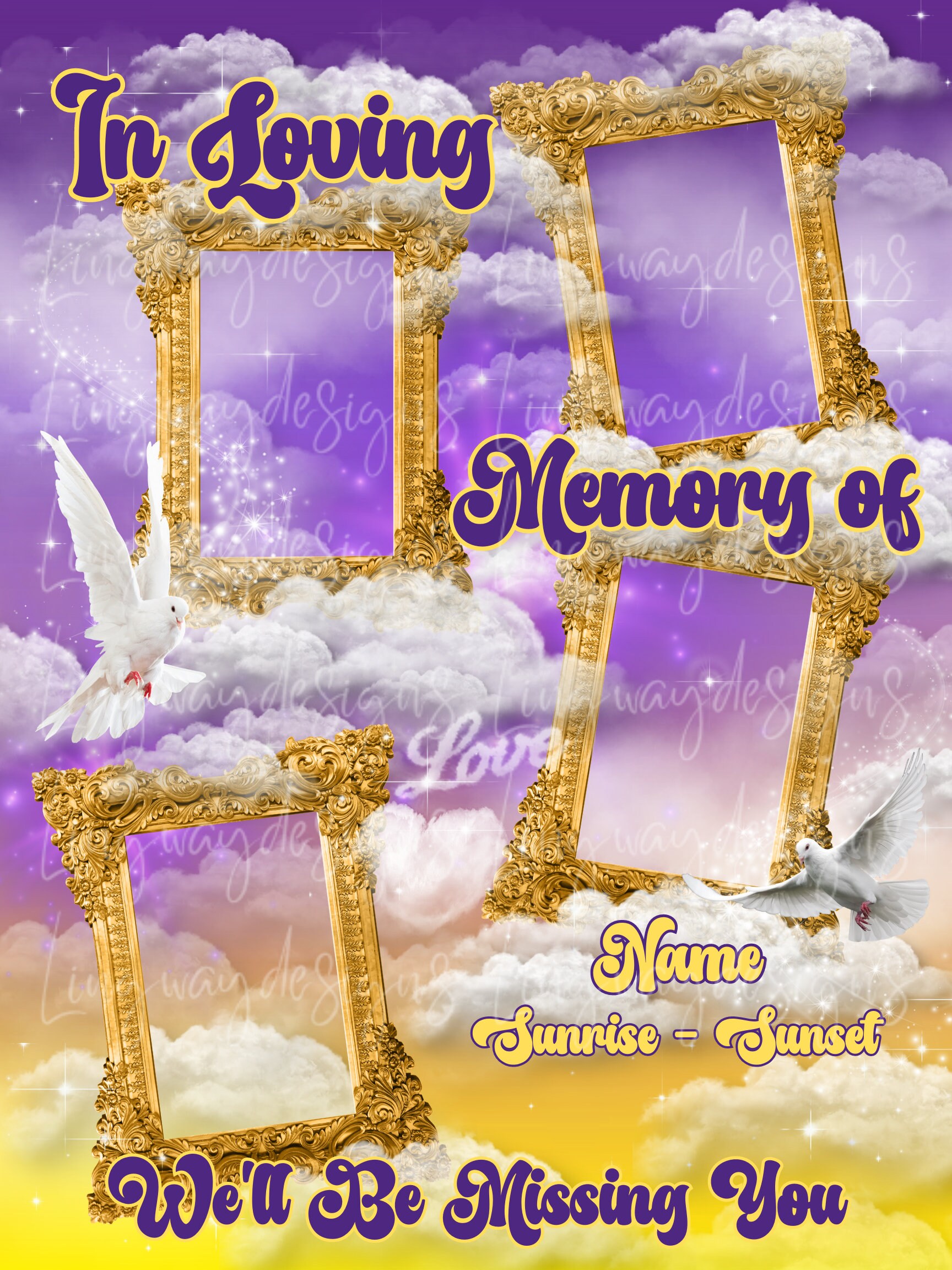 Sample Rip Photo Frames Purple Yellow Sky Gold Frames in Loving Memory Doves Memorial PNG Add ...