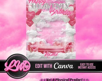 Pink Silver Happy Heavenly Birthday Stage Forever In Our Hearts Angel PNG add words photo rest in peace template for funeral RIP Memorial