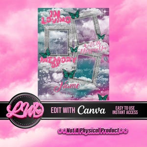 Pink Teal Sky Silver Frames In Loving Memory Butterflies Missing You Heaven PNG add photo rest in peace template for funeral RIP memorial