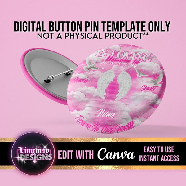 Pink Heaven Stairway In Loving Memory Angel Wings Template Memorial Button Pin Background Funeral Button Funeral Favors RIP PNG Add Photo