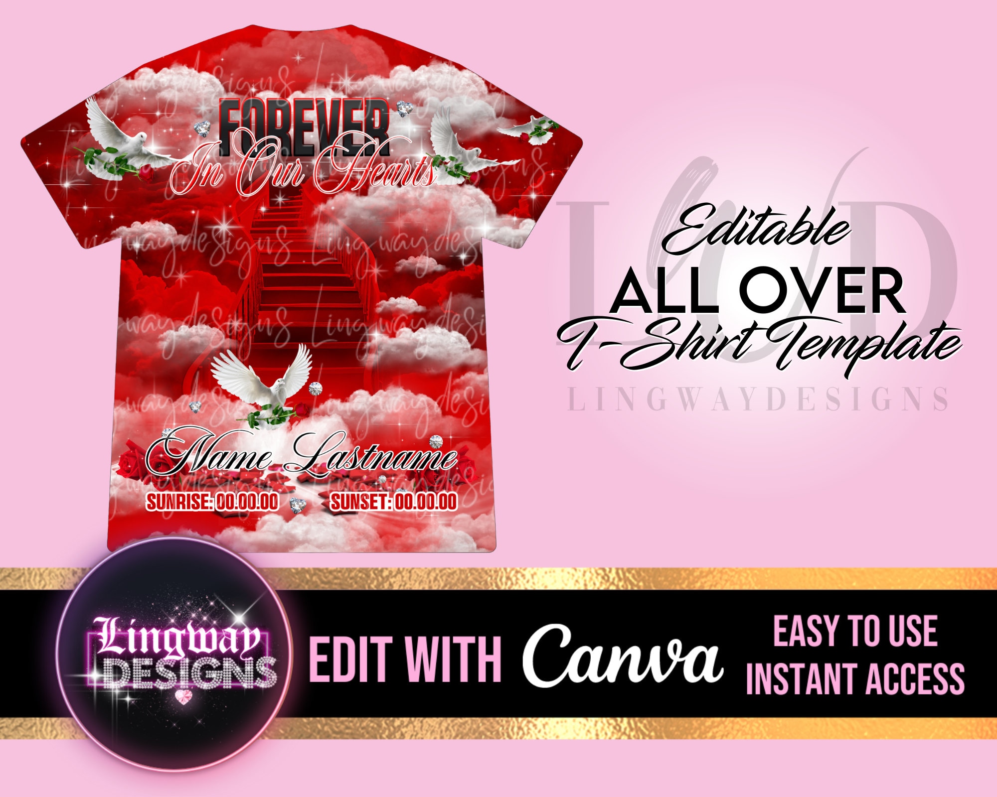 Red Black Forever In Our Hearts Heaven Memorial All Over 3D add photo rest in peace for funeral RIP memorial