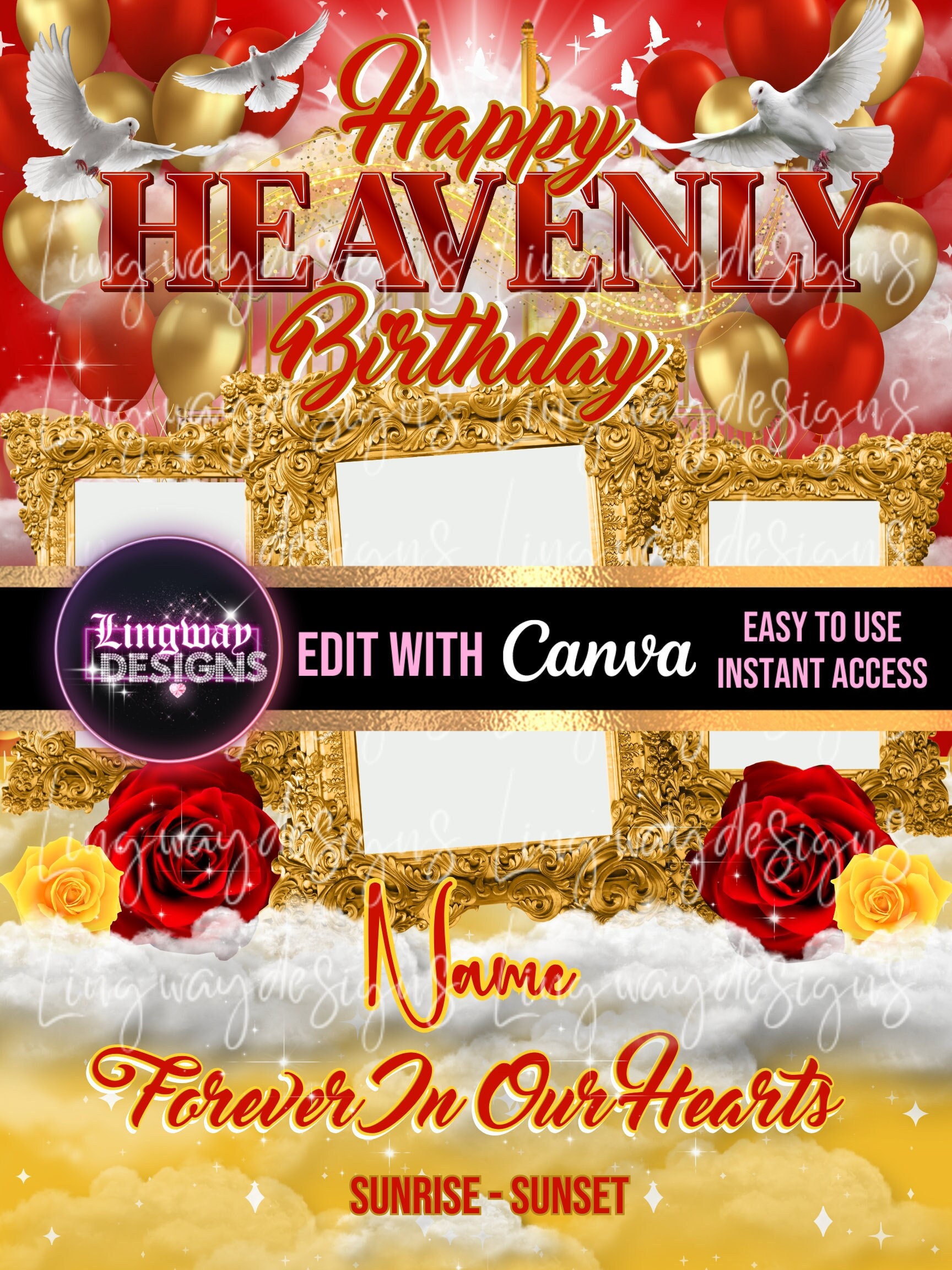 Red Yellow Happy Heavenly Birthday Gold Frames Forever In Our Hearts Angel Wings Memorial PNG add photo rest in peace template RIP
