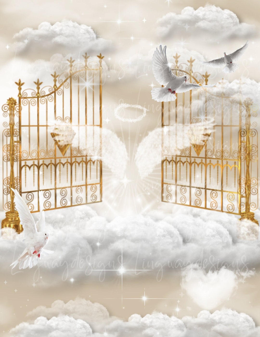 Tan Neutral Sky Gold Heavens Gate Angel Wings Memorial Background PNG ...