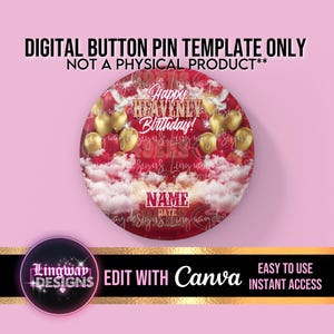 Red Gold Heavenly Birthday Template Memorial Button Pin Background Funeral Button Funeral Favors RIP PNG Add Photo