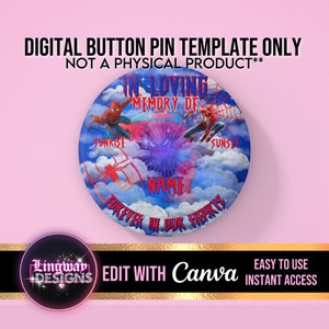 Spiderman Blue Sky Heaven In Loving Memory Template Memorial Button Pin Background Funeral Button Funeral Favors RIP PNG Add Photo