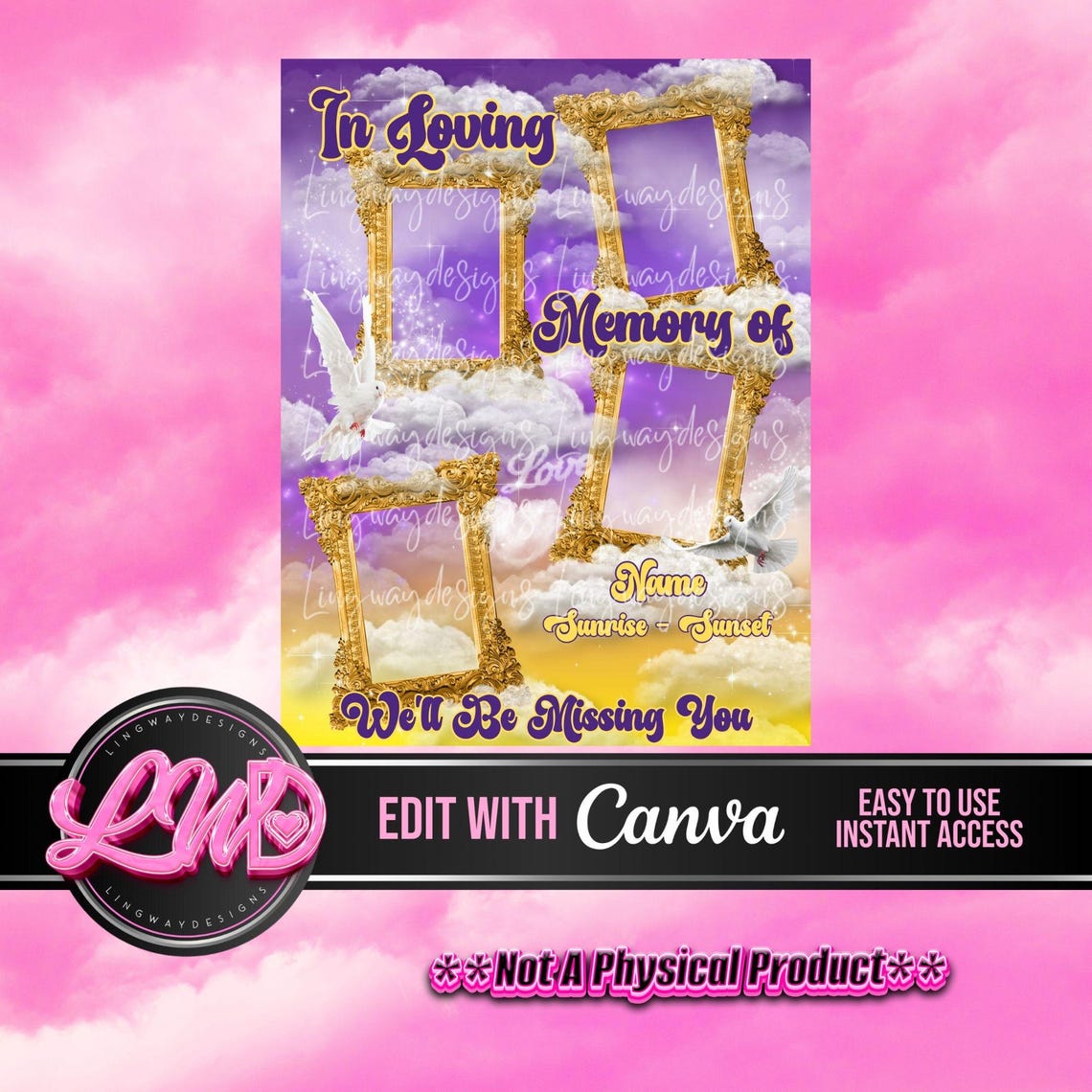 Purple Yellow Sky Gold Frames in Loving Memory Doves Memorial PNG Add ...