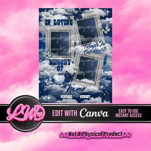 Può includere: Un design commemorativo digitale con tre cornici per foto, nuvole e farfalle. Il testo include "In Loving Memory Of" e "Forever In Our Hearts". Il design presenta il testo "Edit with Canva" e "Not A Physical Product."