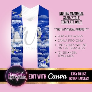 Blue Roses In Loving Memory Heaven Memorial Sash Stole Template Keepsake Funeral Favors RIP Add Photo