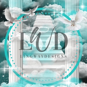 May include: A graphic design with the word "LUD" in white text with a halo above the "U" and the words "LINGWAYDESIGNS" below. The graphic is set against a background of white clouds, a teal circle, and two white columns with a stairway leading up to a white cloud.