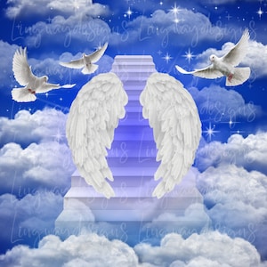Blue Heavens Stairway Angel Wings Memorial Background PNG add photo rest in peace template for funeral RIP Memorial