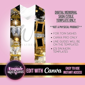 Black Gold Heaven Gate In Loving Memory Angel Wings Template Memorial Sash Stole Funeral Keepsake Funeral Favors RIP Add Photo