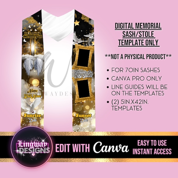 Black Gold Heaven Gate In Loving Memory Angel Wings Template Memorial Sash Stole Funeral Keepsake Funeral Favors RIP Add Photo