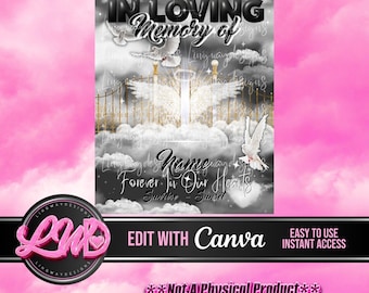 Black White Heavens Gate In Loving Forever In Our Hearts Angel Wings Memorial PNG add photo rest in peace template for funeral RIP memorial