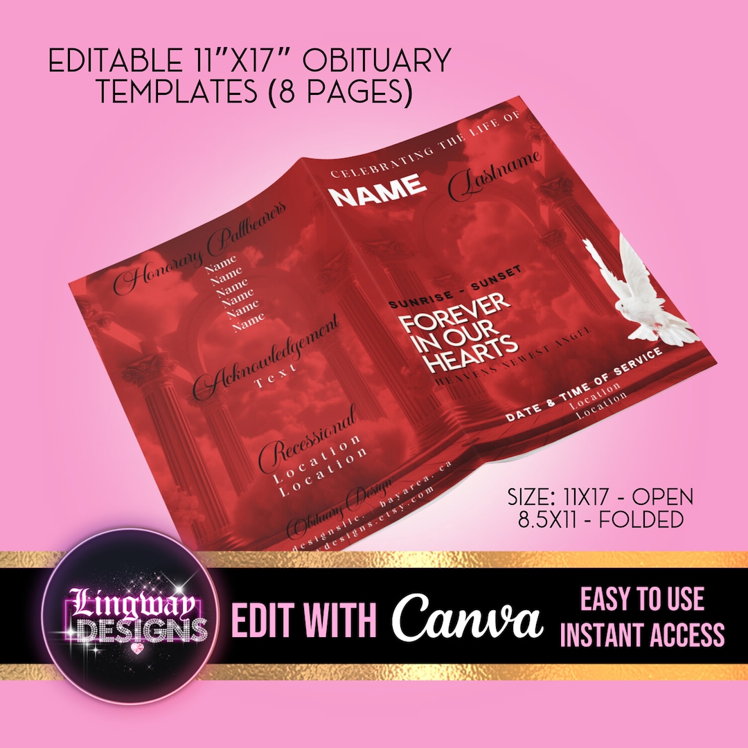Red Black Celebrating Life 8 Page Obituary Template Memorial Funeral ...