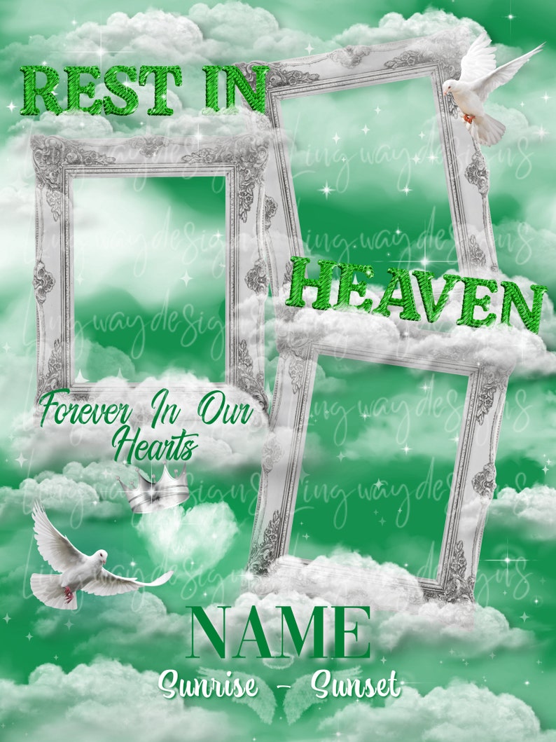 Green Sky Silver Frames Rest In Heaven Doves Angel Wings Memorial PNG add photo rest in peace template for funeral RIP memorial image 2