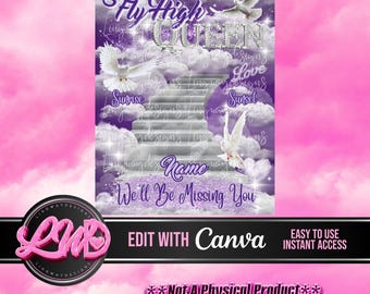 Purple Silver Fly High Queen Heaven Angel Memorial PNG add photo rest in peace template for funeral RIP Memorial