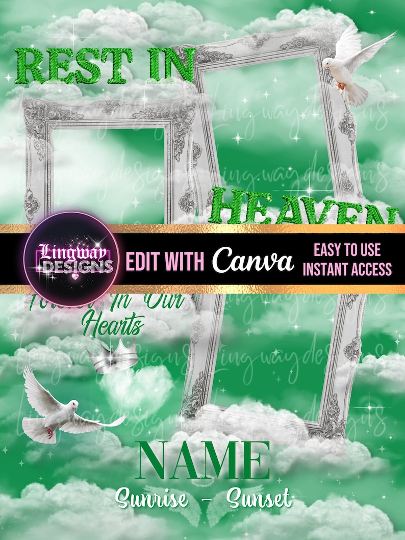 Green Sky Silver Frames Rest In Heaven Doves Angel Wings Memorial PNG add photo rest in peace template for funeral RIP memorial image 1