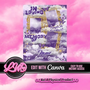 Purple Sky Gold Frames In Loving Memory Butterflies Forever In Our Hearts PNG add photo rest in peace template for funeral RIP memorial image 1