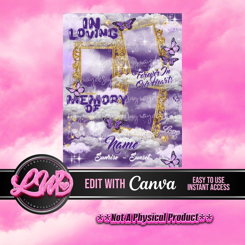 Purple Sky Gold Frames In Loving Memory Butterflies Forever In Our Hearts PNG add photo rest in peace template for funeral RIP memorial image 1