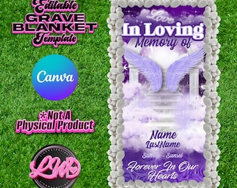 Purple In Loving Memory Heaven Stairs Angel Wings Grave Blanket Editable Template add photo PNG Rest In Peace RIP Cemetery Memorial