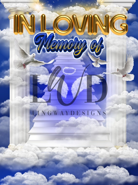 In Loving Memory PNG, Memorial Background Template Stairs to Heaven, Rest  in Peace, Cloudy Sky, 04 Designs Included for Instant Download