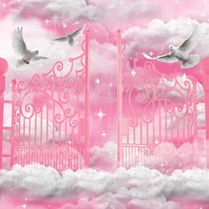 Pink Heaven Pink Gate Doves Memorial Background PNG add photo rest in peace template for funeral RIP Memorial