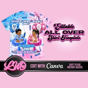 Fades Braids Blue Pink Gender Reveal All Over 3D Editable Template Baby Boy Girl Barber Comb T-shirt