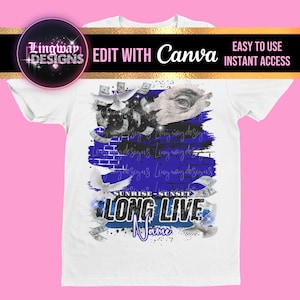 May include: A white t-shirt with a blue and black graphic design featuring a dollar bill, doves, and the text "Sunrise-Sunset Long Live Name".